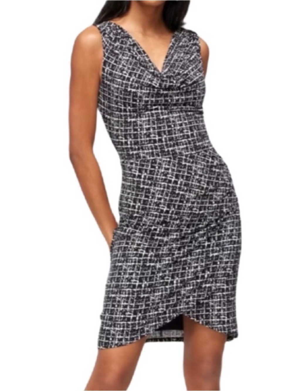 NEW WHBM Sleeveless Dress V-neck Shirring Jersey Sheath Black White Size 6